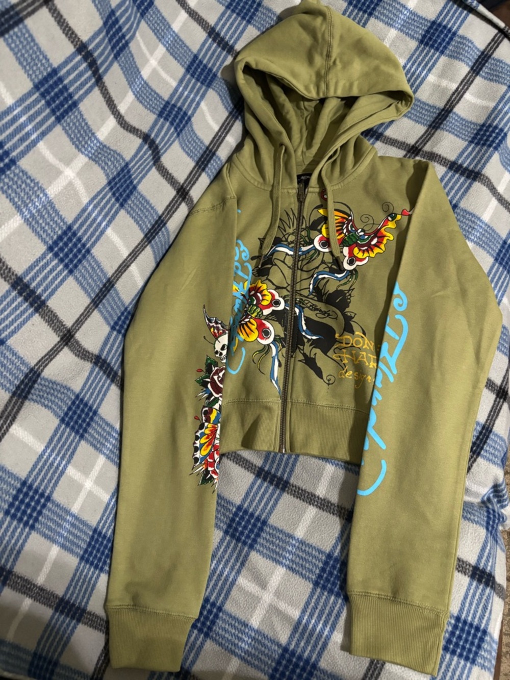 Ed Hardy Olive Green Zip Hoodie with Multicolor Tattoo Graphics